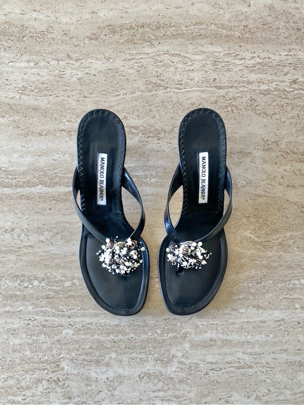 Vintage Manolo Blahnik Shell Beaded Thong Sandal Heels